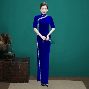 走秀旗袍2026新款高端丝绒高弹力免烫修身长款改良优雅舞台演出服