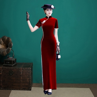 金丝绒走秀旗袍晚礼服酒红t台演出走秀服长款高端年会战袍连衣裙