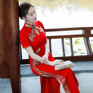 优雅走秀演出服中国风 礼服修身 礼仪旗袍迎宾服装 红色2024春夏新款