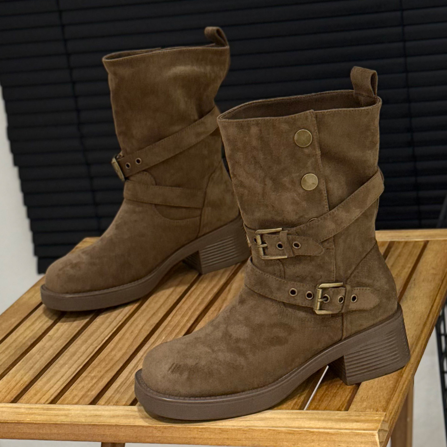 复古皮带扣西部牛仔靴粗跟中筒靴