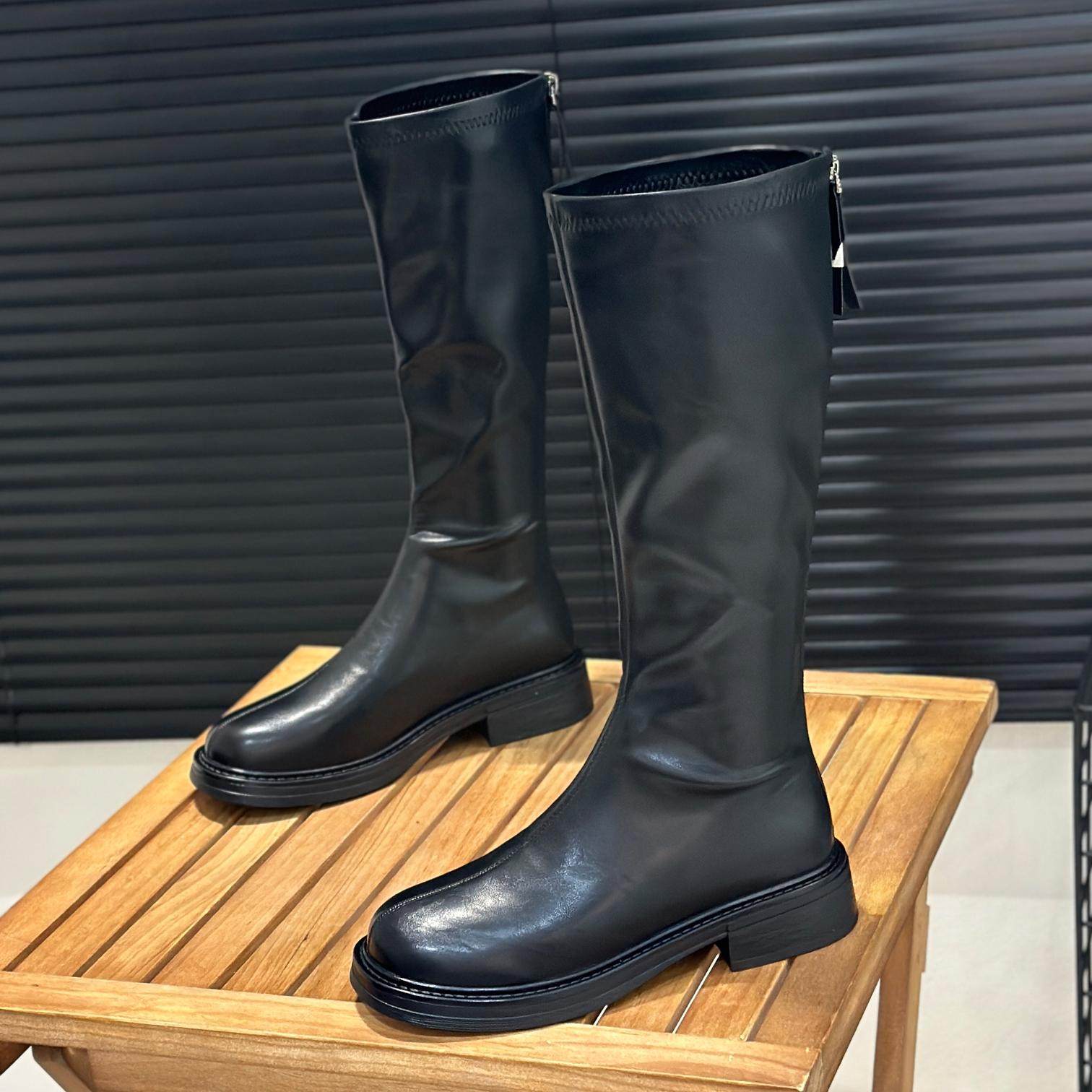 平口弹力长筒靴女不过膝秋冬新款瘦瘦靴子棕色女靴粗跟高筒骑士靴,女鞋,骑士靴,淘宝优惠券,粉丝福利购,淘宝优惠卷