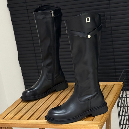 秋冬粗跟不过膝长筒靴女2025年新款弹力瘦瘦靴骑士靴皮带扣长靴子