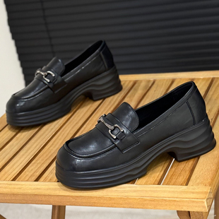 粗跟乐福鞋 新款 韩版 女2025年秋季 英伦风小皮鞋 一脚蹬懒人黑色单鞋