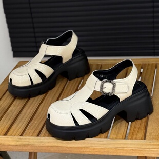 小个子沙滩凉鞋 7cm增高罗马凉鞋 镂空粗跟猪笼鞋 夏季 女2026年新款