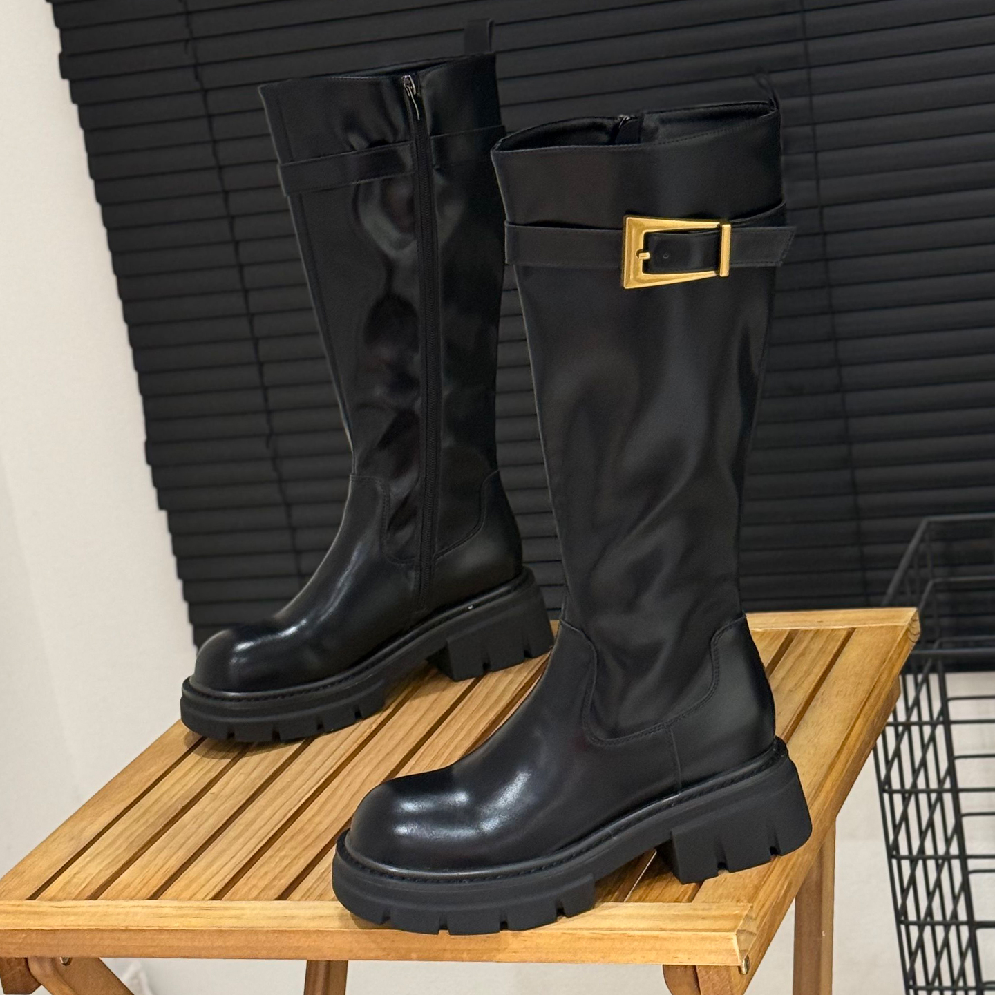皮带扣粗跟骑士靴女不过膝长筒靴