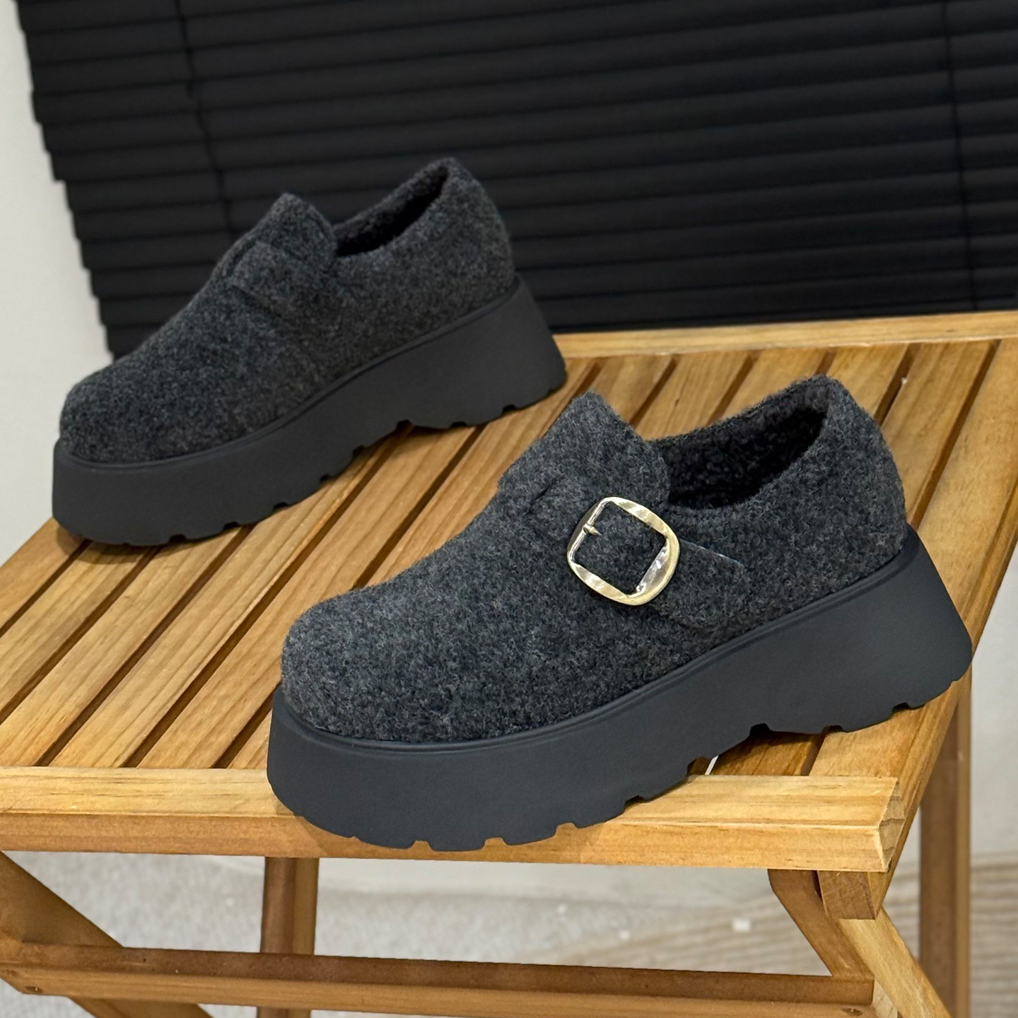 复古厚底勃肯鞋一脚蹬布面乐福鞋