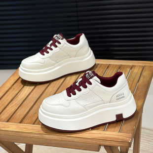 新款 加绒厚底增高6cm小白鞋 安可拉红真皮板鞋 冬季 系带休闲鞋 秋季