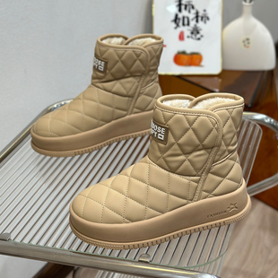 冬季加绒雪地靴女2023年新款保暖棉靴厚底防滑面包靴平底黑色短靴