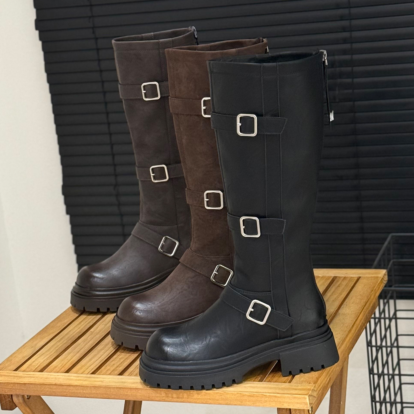 皮带扣粗跟骑士靴女不过膝长筒靴