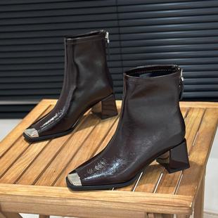 秋冬欧美时装 法式 2025新款 金属方头瘦瘦靴高跟短靴女气质款 靴 时尚