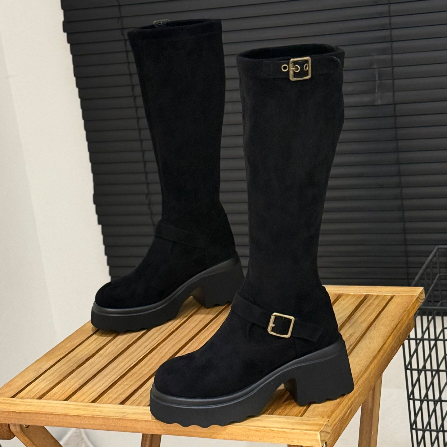 7cm粗跟骑士靴女冬季加绒高筒靴