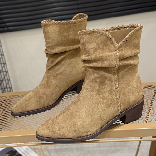 复古绒面西部牛仔靴女套筒堆堆靴