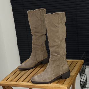复古褶皱西部牛仔靴女2025秋冬新款 单靴尖头高筒骑士靴堆堆长靴子