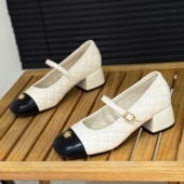 一字带玛丽珍鞋 方头粗跟浅口单鞋 女2026春季 菱形格小皮鞋 新款 法式