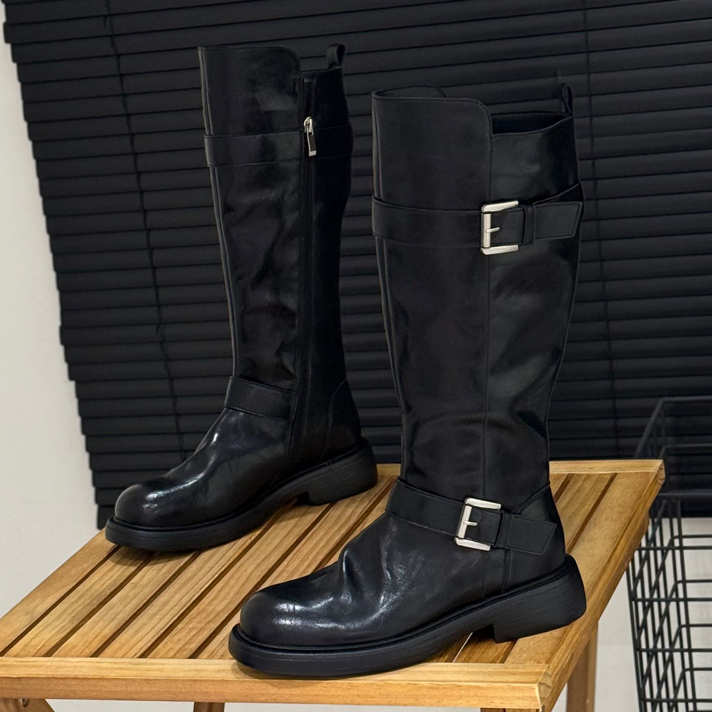 真皮高筒骑士靴女不过膝机车靴