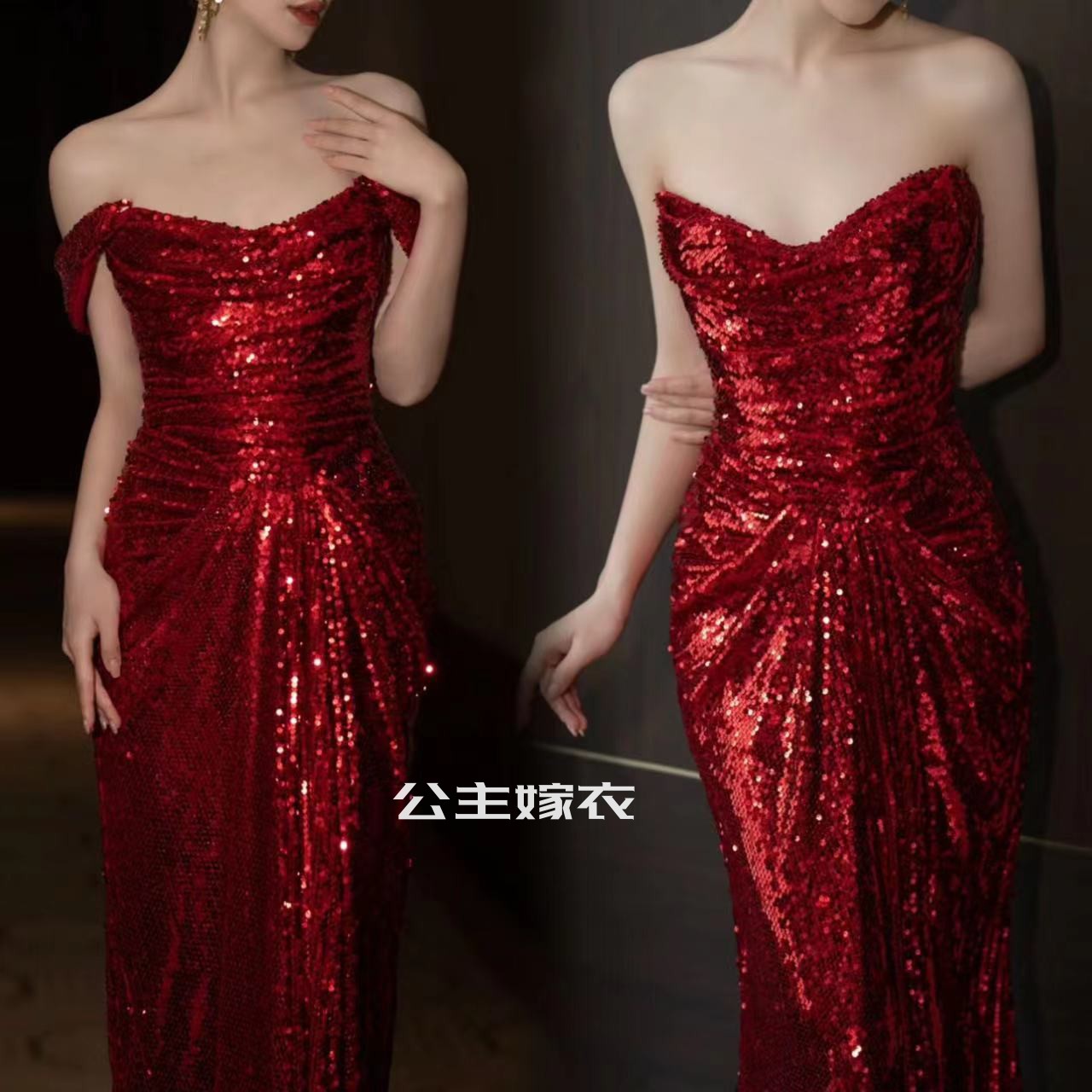 出租小众设计闪红色亮片敬酒服