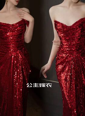 出租小众设计闪红色亮片敬酒服