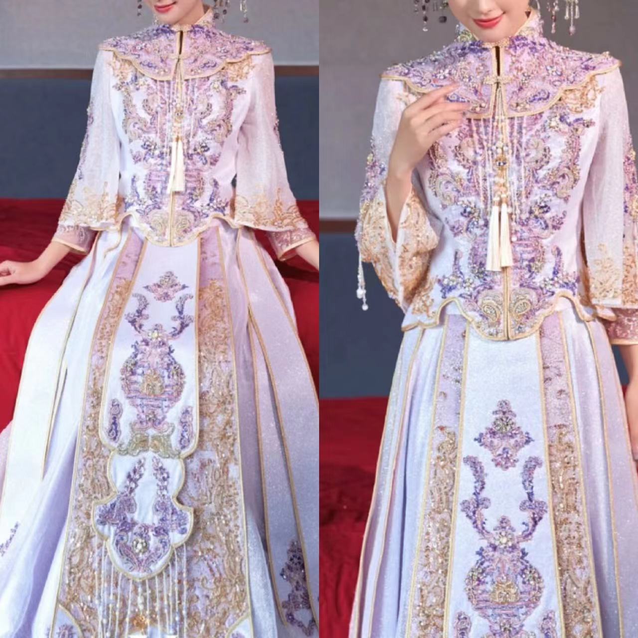 出租减龄新中式秀禾新娘出门女士紫色减龄铺床接亲出门服