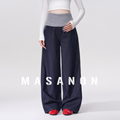 春秋装 MASANON孕妇丹宁牛仔裤 春外穿孕期不勒肚子翻折阔腿弯刀裤