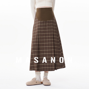 百褶裙冬装 MASANON孕妇半身裙秋冬新款 小个子复古格子托腹裙长款