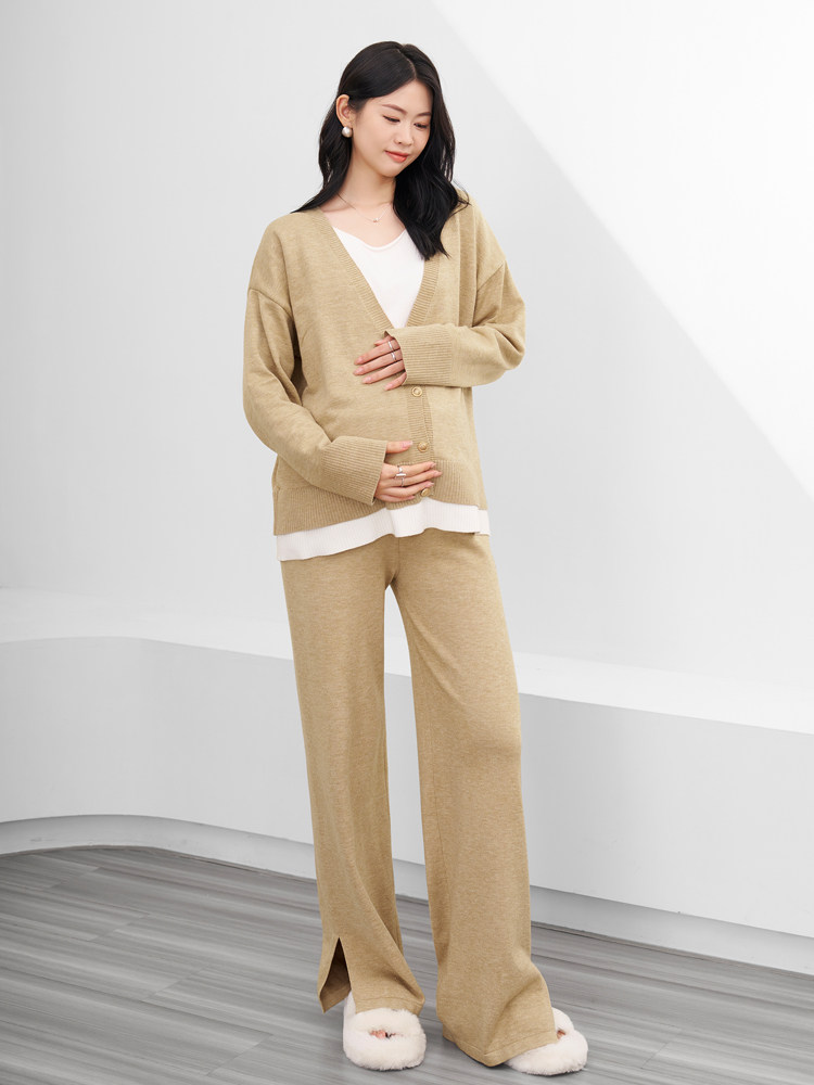 MATERNITY AUTUMN AND WINTER OUTFIT SET 2025 NEW FASHION KNITTED FAKE TWO-PIECE SWEATER SPLIT WIDE-LEG PANTS TWO-PIECE PANTS TWO-PIECE PANTS