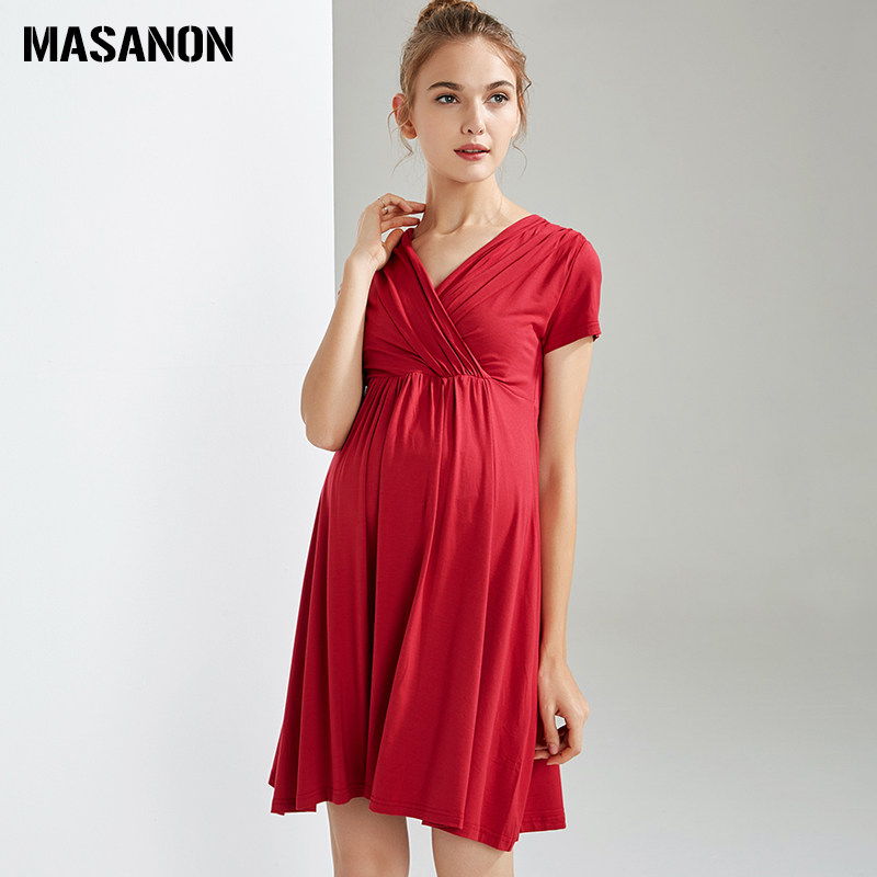 MASANON 출산복 여름 2024 신상 브이넥 수유 스커트 하이엔드 모달 쁘띠 드레스 여름