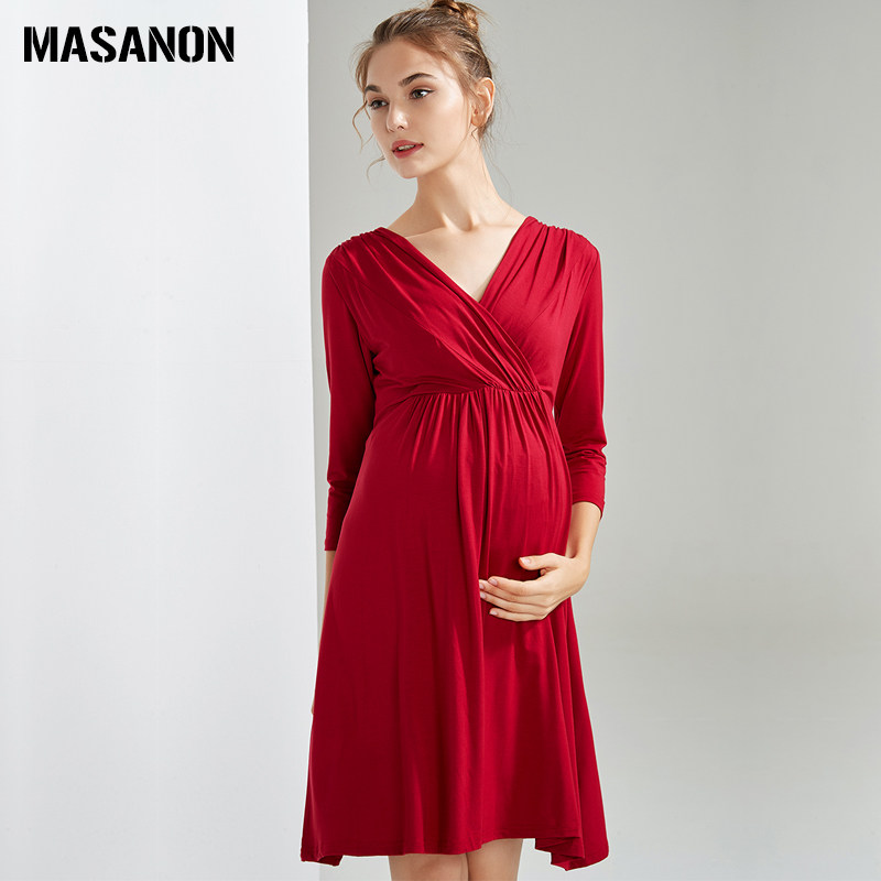 MASANON 출산복 여름 2024 신상 브이넥 수유 스커트 하이엔드 모달 쁘띠 드레스 여름