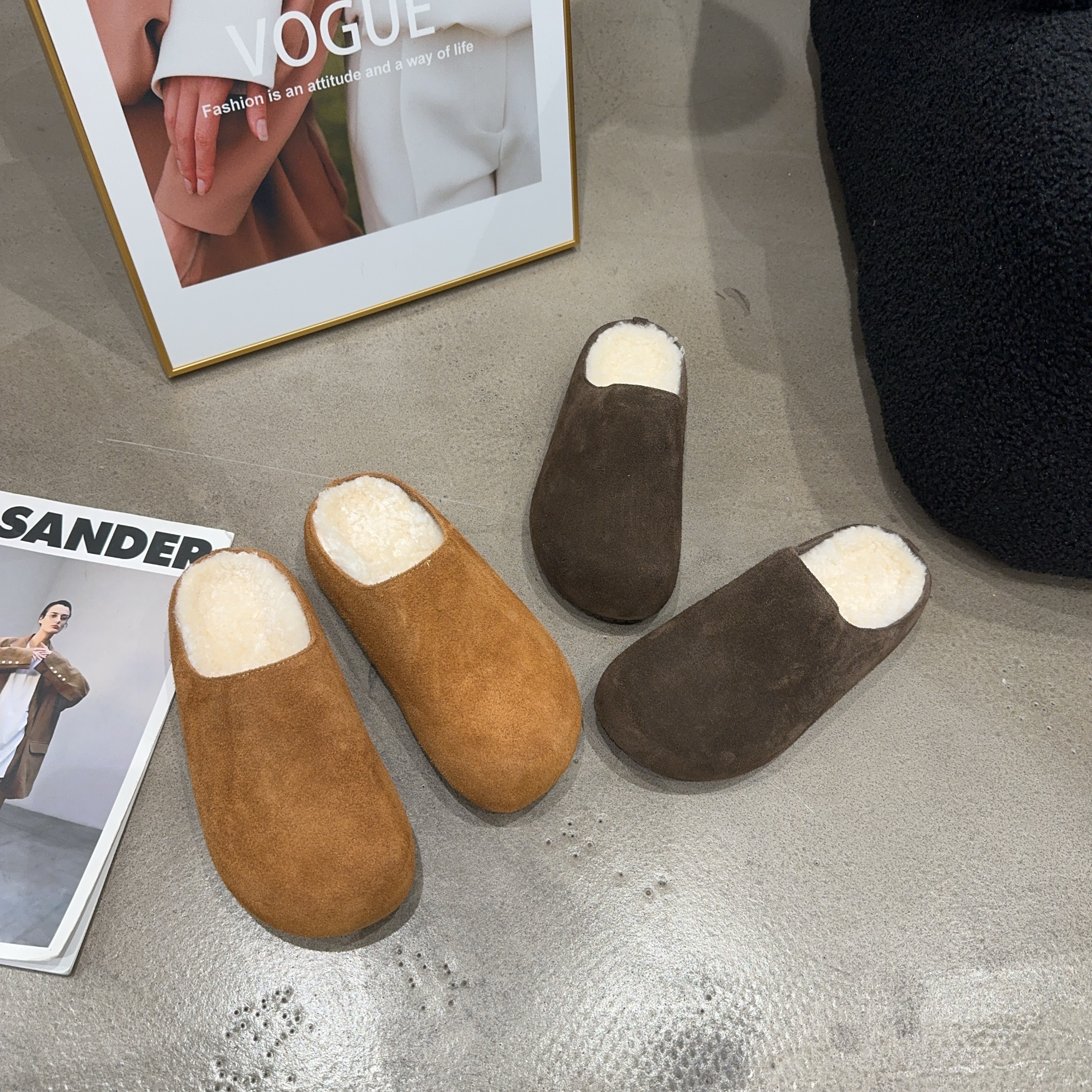 A301-31乐乐家冬季新品女真皮真毛包头勃肯拖鞋内增高4cm网红同款