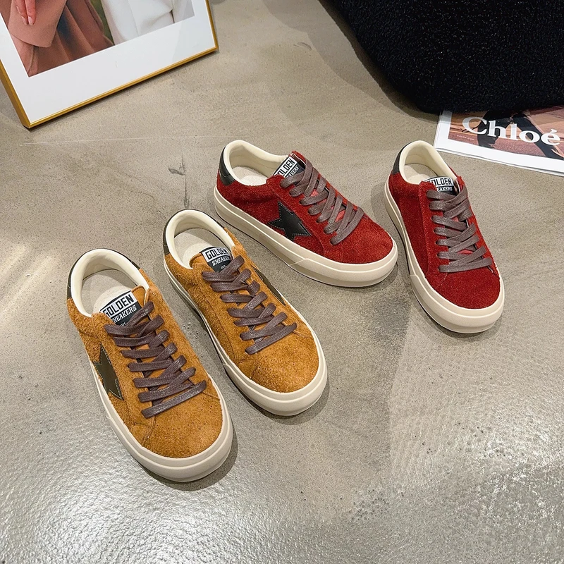 891-9乐乐家秋季新品女真皮软底星星板鞋系带毛巾里休闲鞋时尚潮