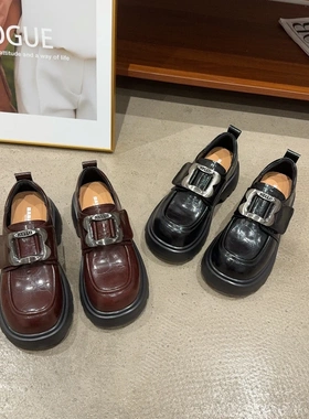 88810秋季新品女真皮圆头粗跟乐福鞋时尚百搭魔术贴英伦风小皮鞋