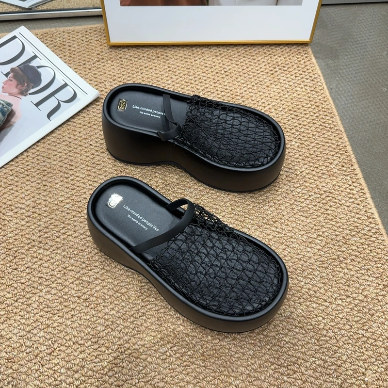 609-1 夏季新品女厚底一字带渔网拖鞋时尚增高网红同款性感7cm潮
