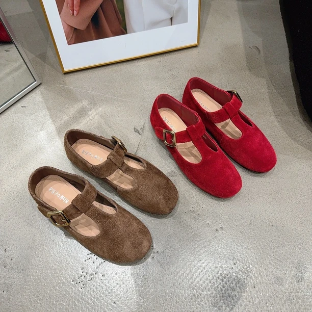 132-1乐乐家春秋季新品女真皮魔术贴一字带平底玛丽珍软底学院风