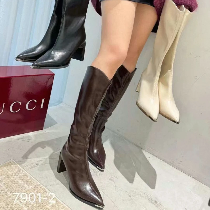 7901-2冬季新品女粗跟尖头后拉链高靴时尚气质简约瘦瘦靴加绒单里
