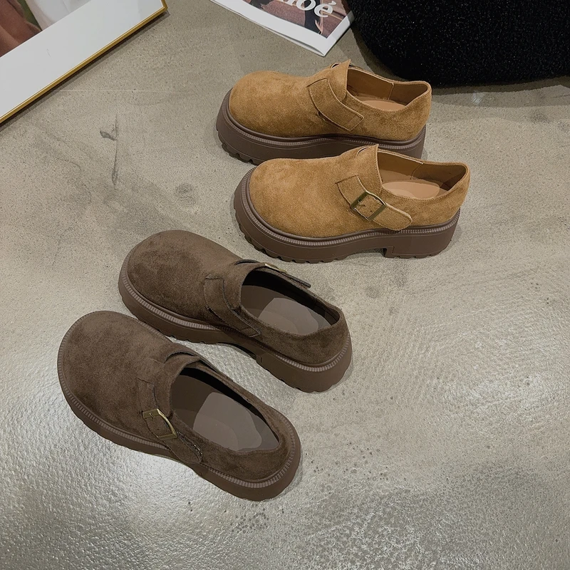 9390乐乐家秋季新品女厚底绒面一字带魔术贴乐福鞋增高时尚勃肯潮