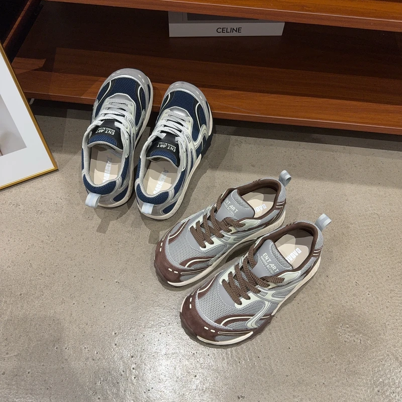720-2秋季新品女真皮拼接网面软底透气系带内增高休闲鞋网红同款
