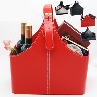 红色礼品蓝节日皮质皮革水果篮子送礼红酒点心收纳篮手提式喜庆