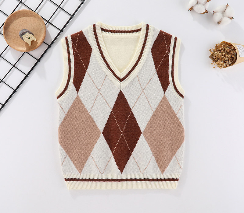 女童菱形背心秋儿童针织背心女童马甲中大童套头坎背单女宝宝线衫