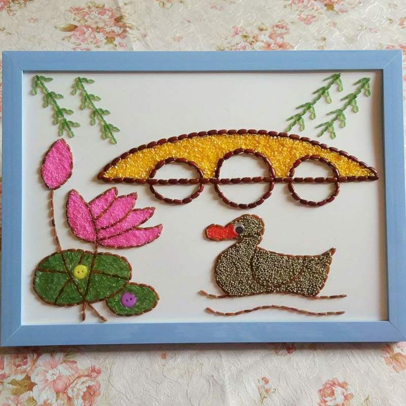 益智儿童手工课diy制作黏贴画 五谷豆子画幼儿园材料包新颖风荷a4