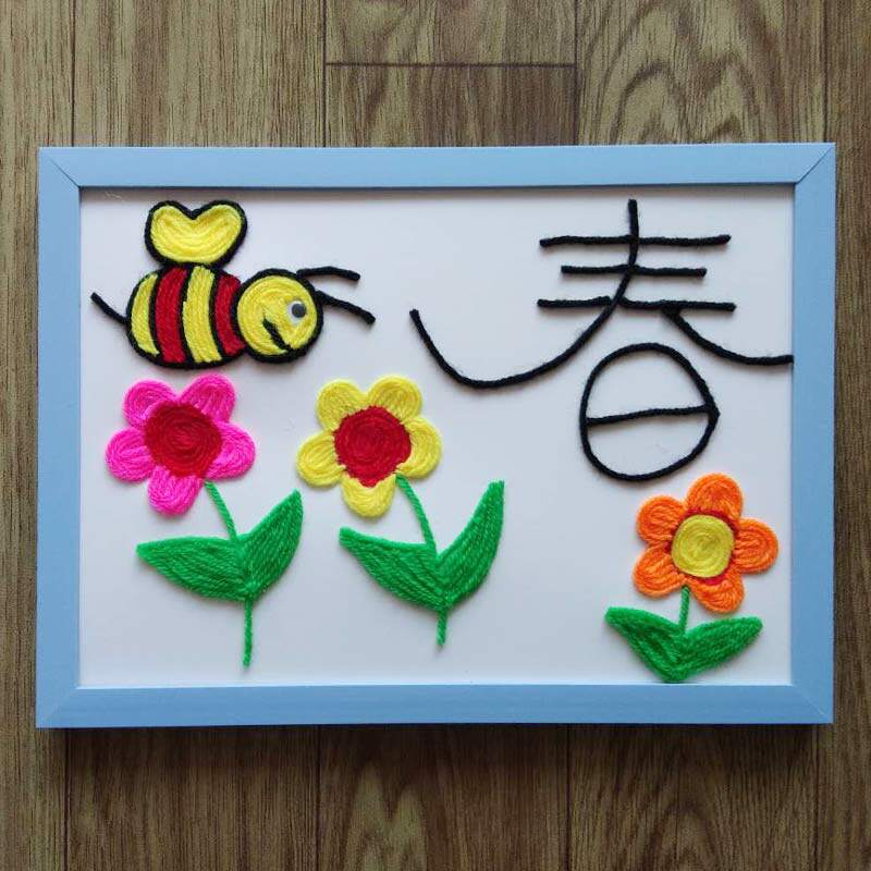 益智儿童玩具幼儿园手工材料包创意新颖黏贴画毛线画春天蜜蜂花朵