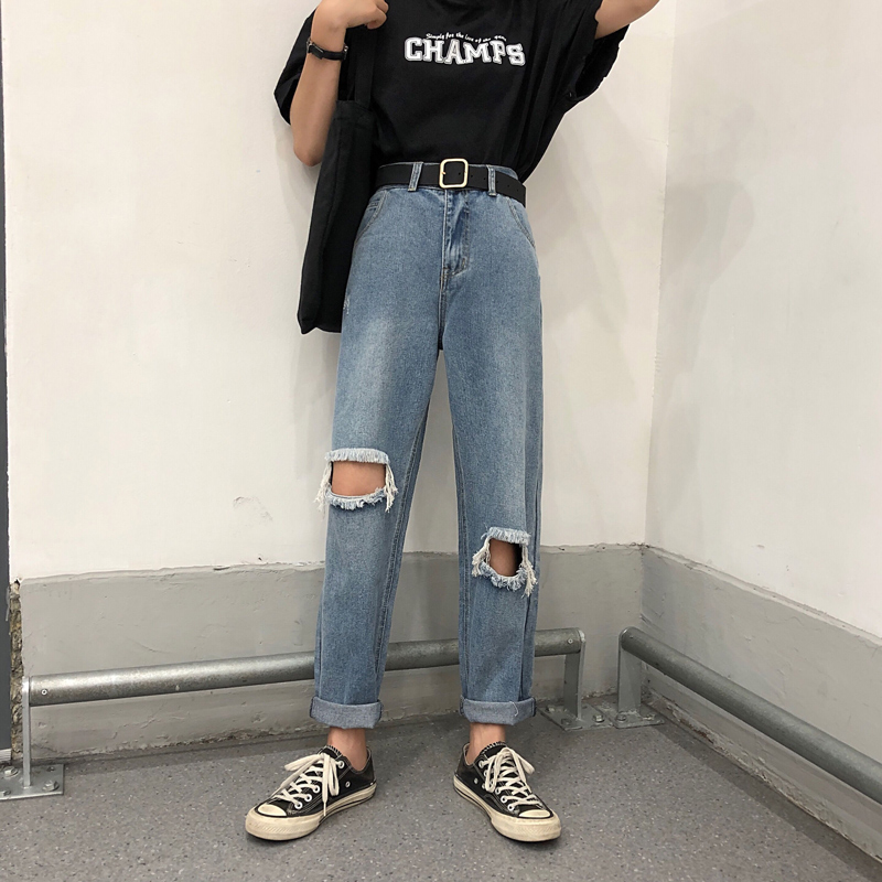 Actual shooting of new loose, thin and hollow jeans for women with fashionable personality, small feet Harun pants