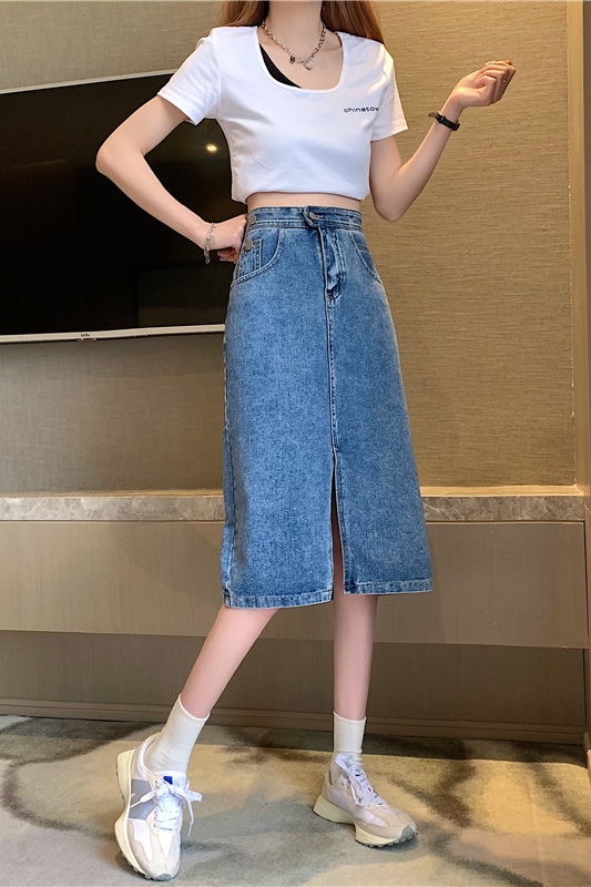 Real Price vintage denim skirt women's high waist slim split skirt student