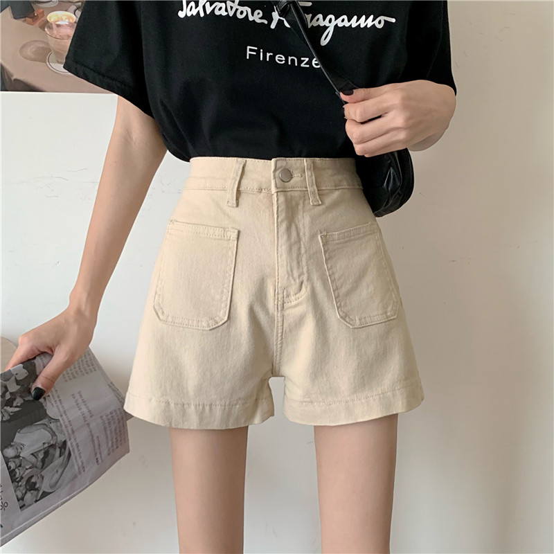 Photo high waist pocket shows thin elastic denim shorts women's Beige black shorts in INS style