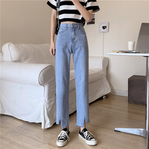 Real shooting autumn and winter high waist elastic simple solid color versatile straight jeans pipe pants women