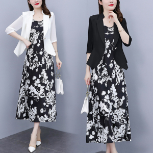 RM19101#胖mm时尚小西服套装2023年秋季大码女装新款碎花无袖宽松吊带裙潮