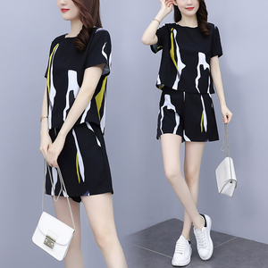 PS15537# 时尚休闲大码套装女夏季新款洋气韩版宽松减龄短袖印花两件套 服装批发女装直播货源