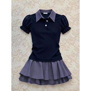 假两件上衣格纹短半裙减龄套装 少女心事 韩系甜美感polo领泡泡袖