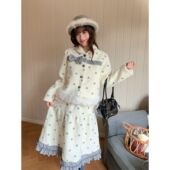 新款 芋泥布蕾 2025冬季 蝴蝶结波点毛呢外套波点拼接长裙女两件套