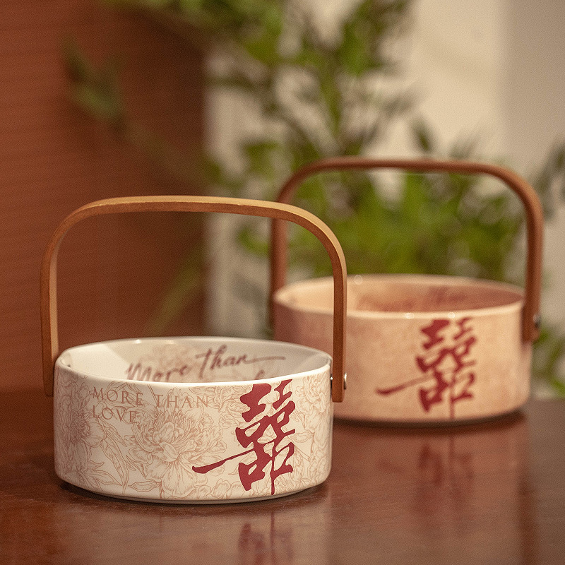 创意喜庆手提果盘婚庆喜糖盘新中式陶瓷茶点盘简约摆放零食盘