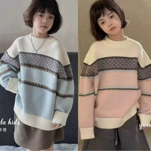 波拉韩国童装韩版条纹拼色毛衣男女童圆领套头宽松针织羊毛衫年装