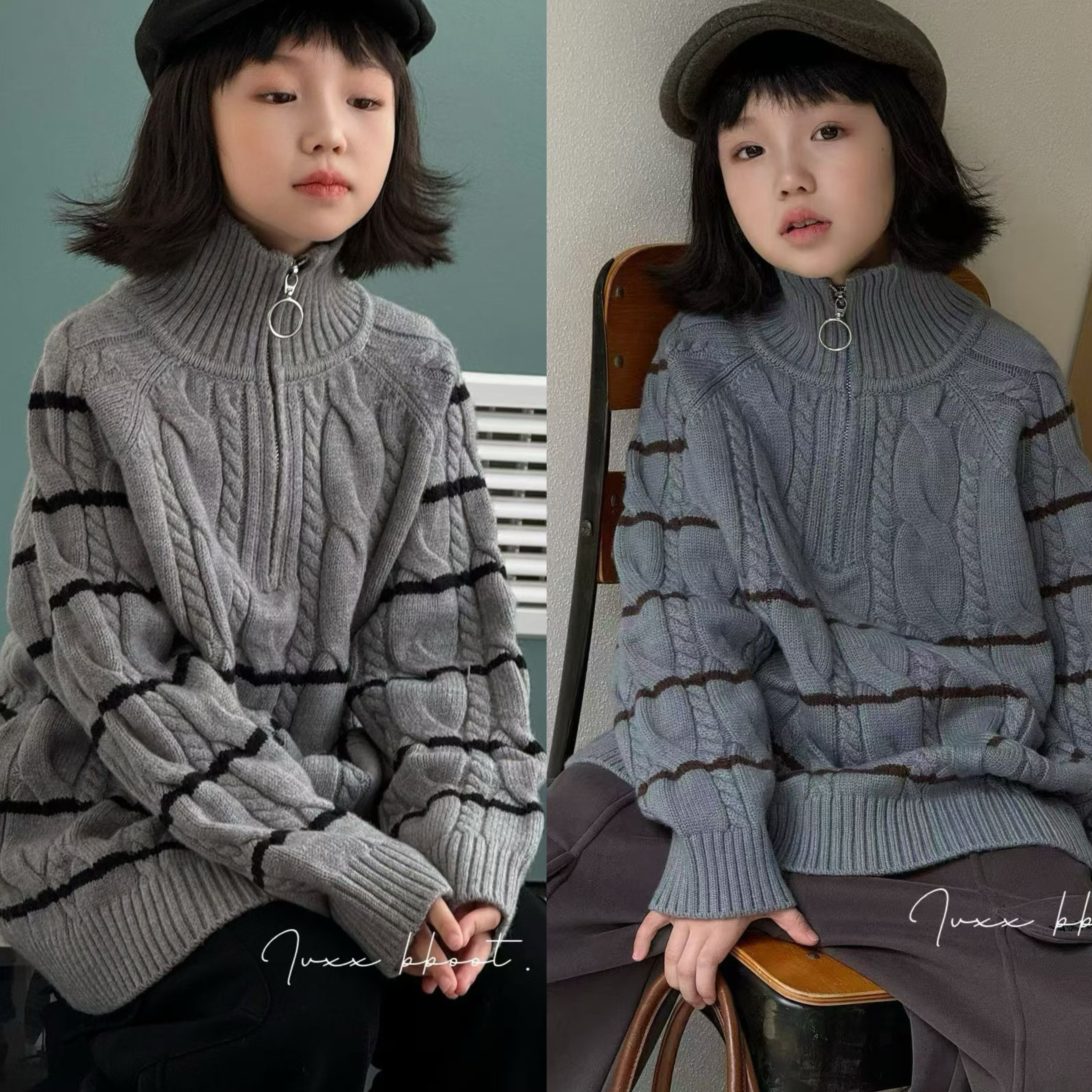 ivxx波拉韩国儿童装条纹毛衣秋冬款上衣男女童加厚保暖针织羊毛衫